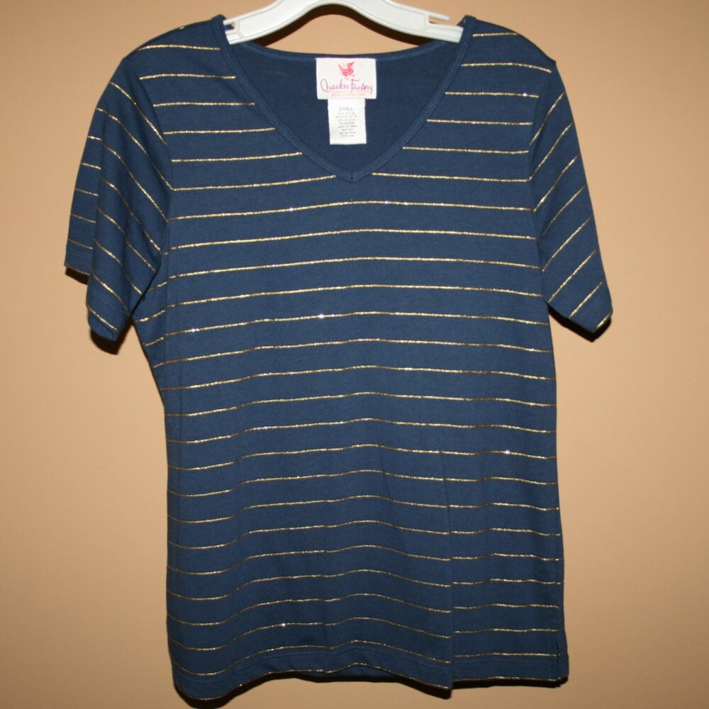 Quacker Factory Navy T-Shirt with Metallic Gold Stripes Small